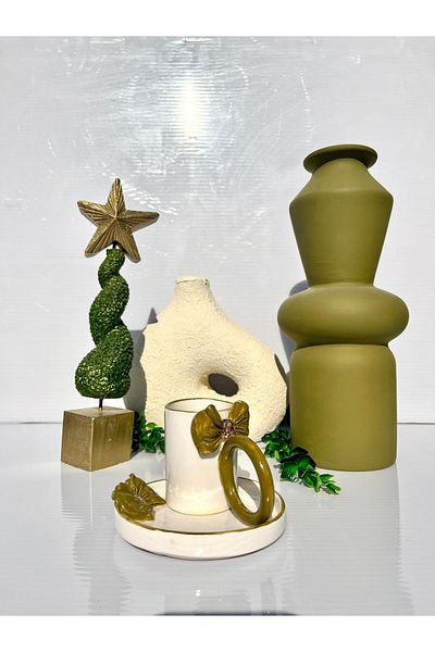AYLEFE HOBBY Bow Themed 24K Gold Detailed Ceramic Handmade Turkish Coffee Cup 90ml