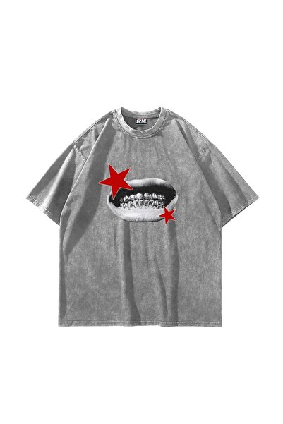 Bak Moda Tricou alb oversize unisex lavabil cu imprimeu Teeth Star