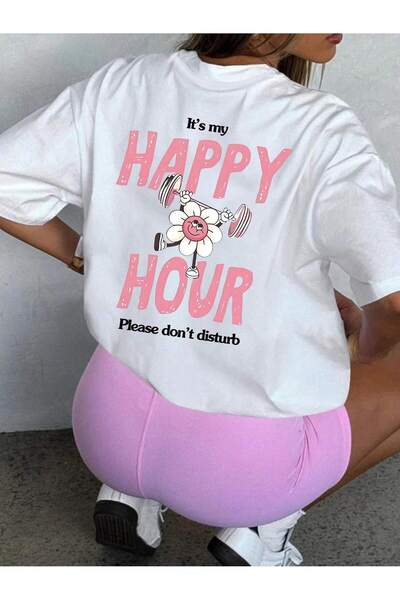 LAMASTRE Happy Hour Flower T-Shirt - White Printed Oversized Crew Neck Short Sleeve