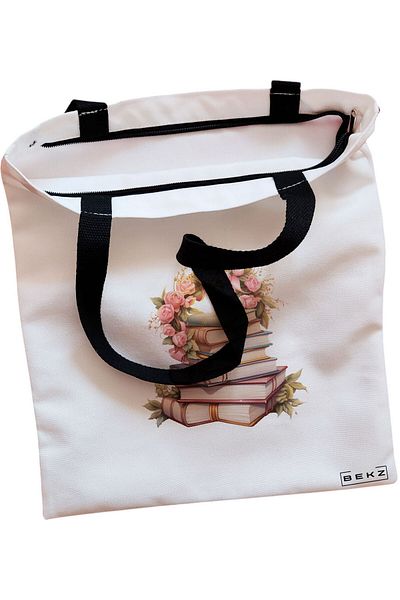 BEKZ Sacosa Textila Cu Fermoar, Geanta Tote, Model Floral Albastru, 38x34.5 Cm, Alba, ®