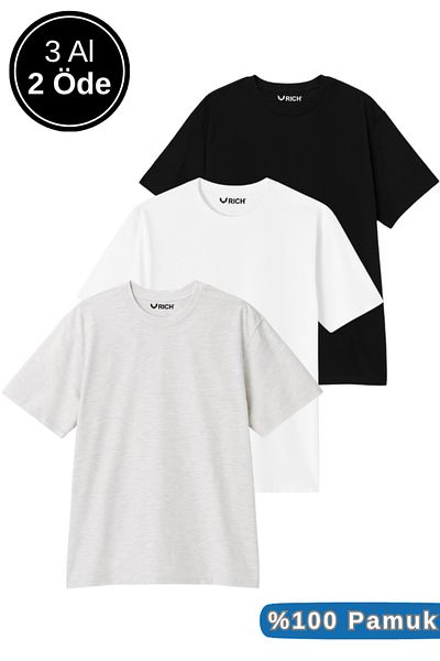 Rich Men's 3-Pack Black-White-Grey Melange Cotton Oversized T-Shirt Crew Neck Short Sleeve T-Shirt