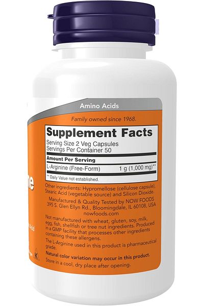Now Foods Supplements L-Arginine(Arginine) 500 Mg Nitric Oxide Precursor Amino Acid, 100 Veg Capsules