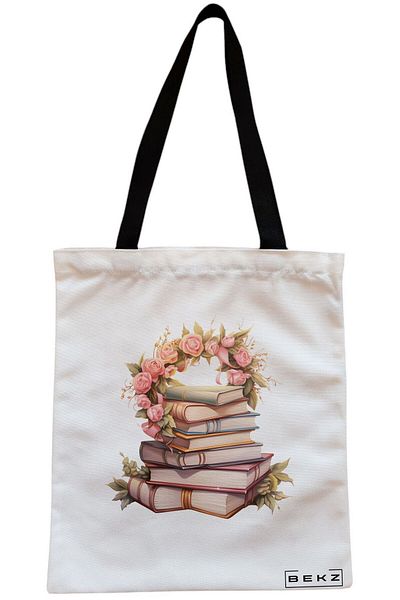 BEKZ Sacosa Textila Cu Fermoar, Geanta Tote, Model Floral Albastru, 38x34.5 Cm, Alba, ®