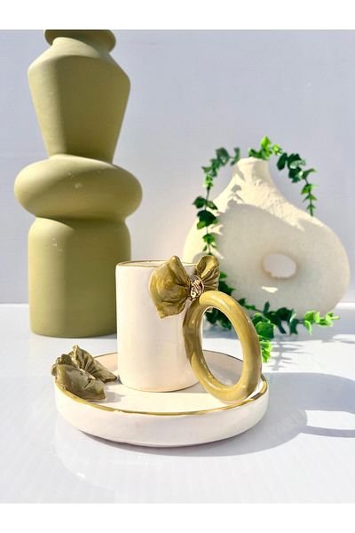AYLEFE HOBBY Bow Themed 24K Gold Detailed Ceramic Handmade Turkish Coffee Cup 90ml