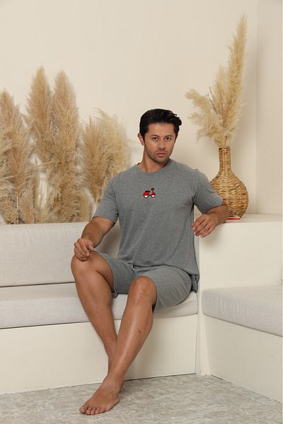 Huq Moda Ανδρικό σορτς μοτοσικλέτας με στάμπα Grimelange κοντομάνικο χτενισμένο βαμβακερό σετ πιτζάμες