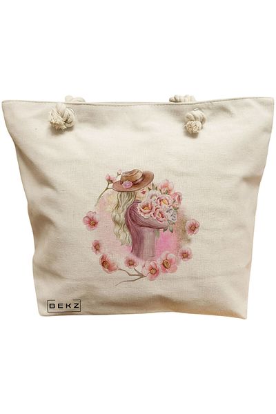 BEKZ Sacosa Textila Cu Fermoar, Geanta Tote, Model The Bookie Girl 36 38 X 34.5 Cm, Alb, ®