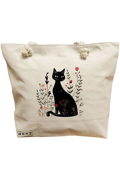 BEKZ Geanta de plaja, model Cat and Flowers 5, 40x51 cm, Crem, BEKZ®
