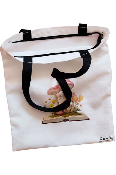 BEKZ Sacosa Textila Cu Fermoar, Geanta Tote, Model Design Botanic, 38x34.5 Cm, Alba, ®