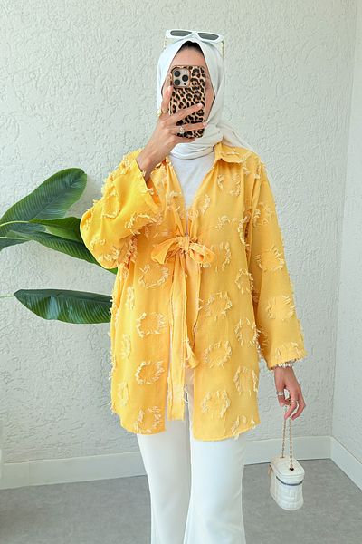 Salih Çelebi Φούντα Λεπτομερές Μακρύ Κιμονό 2334 - MUSTARD