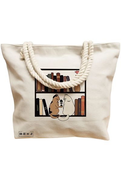 BEKZ Geanta de plaja, model Cat Booky Life 2, 40x51 cm, Crem, BEKZ®