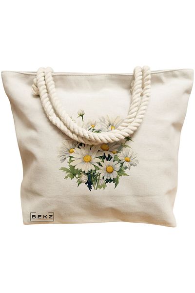BEKZ Geanta de plaja, model Flower Bouquet 1, 40x51 cm, Crem, BEKZ®