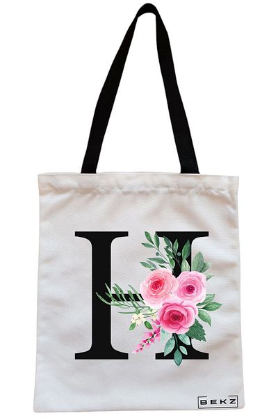 BEKZ Textile Bag With Zipper, Tote Bag, With Letter H And Roses, 38x34.5 Cm, ​​White, ®