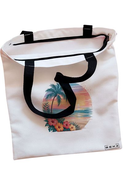 BEKZ Sacosa Textila Cu Fermoar, Geanta Tote, Model Fresh Sarcas, Served Daily, 38x34.5 Cm, Alba, ®