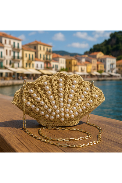 BEGONVİL TUHAFİYE İNCİ BONCUK DETAYLI MİDYE ÇANTA