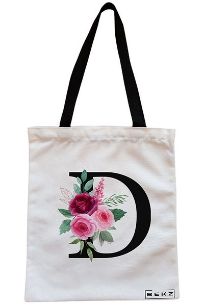 BEKZ Sacosa Textila Cu Fermoar, Geanta Tote, Cu Litera D Si Trandafiri, 38x34.5 Cm, Alba, ®