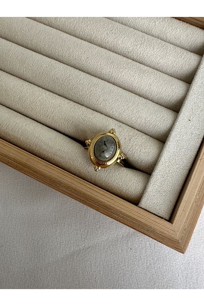ringbox Gray Oval Natural Stone Steel Ring