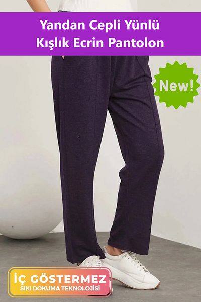 Pastimost Anti-Sweat Comfortable Fit Elastic Waist Wide Leg Side Pockets Woolen Ecrin Trousers