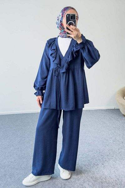Hatun Atila Ruffle Neck Tie-Up Tunic and Wide Leg Pants Set 8845 - Navy