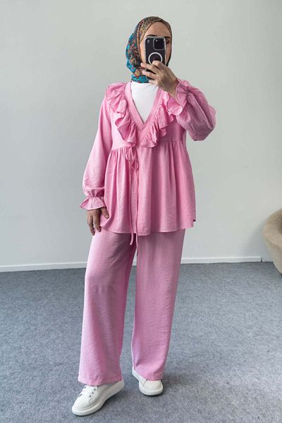 Hatun Atila Ruffle Neck Tie-Up Tunic and Wide Leg Pants Set 8845 - Pink