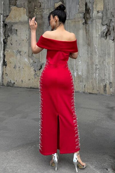 Modafeminen Strapless Neckline Scuba Fabric Dress with Pearls on the Sides Red 583242