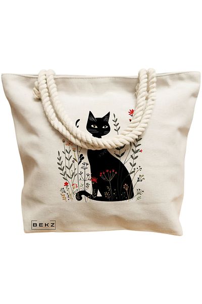 BEKZ Geanta de plaja, model Cat and Flowers 5, 40x51 cm, Crem, BEKZ®