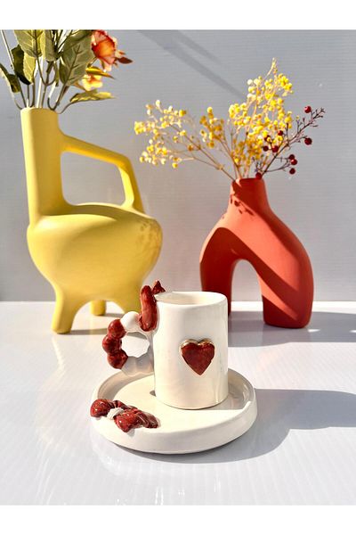 AYLEFE HOBBY Handmade Ceramic Turkish Coffee Cup with Bow and Heart Figures 24K Gold Detail 90ml