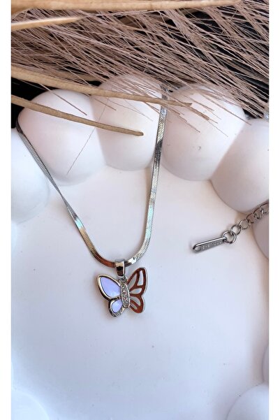 JustGAF Silver Color Butterfly Figured Italian Flat Chain Steel Necklace