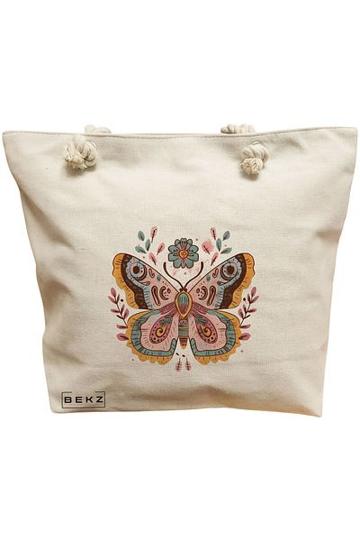 BEKZ Sacosa Textila Cu Fermoar, Geanta Tote, Model Feelin Witchy 38 X 34.5 Cm, Alb, ®