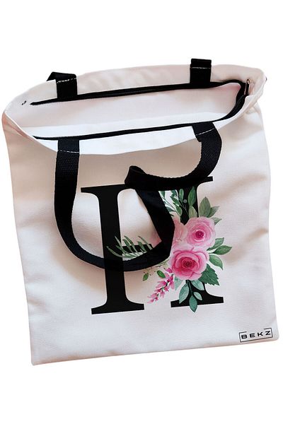 BEKZ Textile Bag With Zipper, Tote Bag, With Letter H And Roses, 38x34.5 Cm, ​​White, ®