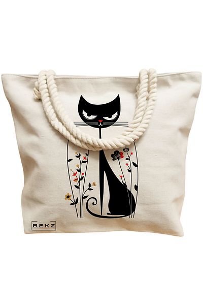 BEKZ Geanta de plaja, model Cat and Flowers 2, 40x51 cm, Crem, BEKZ®