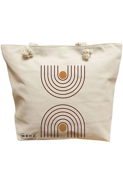 BEKZ Sacosa Textila Cu Fermoar, Geanta Tote, Model Fancy Feline 38 X 34.5 Cm, Alb, ®