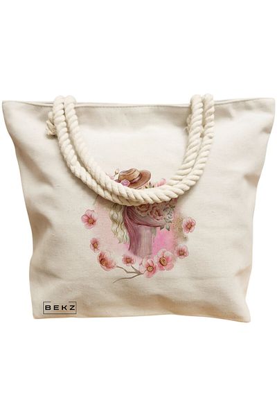 BEKZ Sacosa Textila Cu Fermoar, Geanta Tote, Model The Bookie Girl 36 38 X 34.5 Cm, Alb, ®