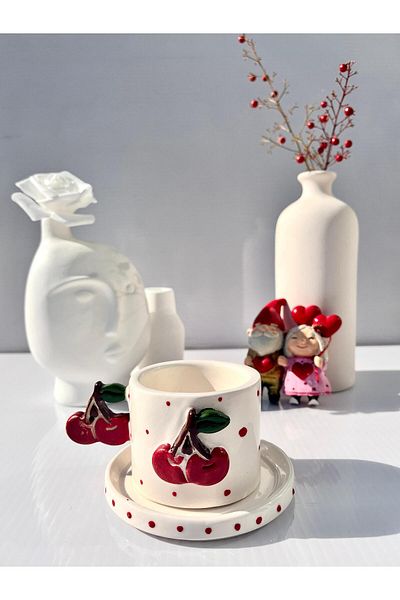 AYLEFE HOBBY Cherry Detailed Handmade Ceramic Mug 120ml