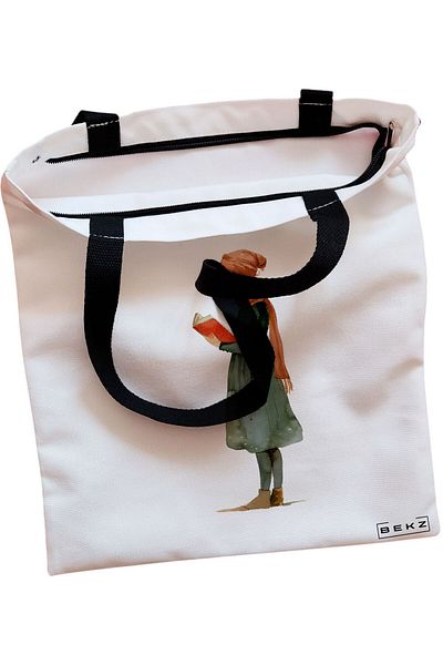 BEKZ Sacosa Textila Cu Fermoar, Geanta Tote, Model Cat Lover, 38x34.5 Cm, Alba, ®
