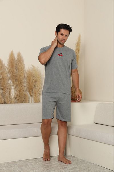 Huq Moda Ανδρικό σορτς μοτοσικλέτας με στάμπα Grimelange κοντομάνικο χτενισμένο βαμβακερό σετ πιτζάμες