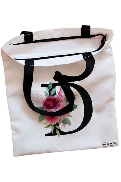 BEKZ Sacosa Textila Cu Fermoar, Geanta Tote, Cu Litera D Si Trandafiri, 38x34.5 Cm, Alba, ®