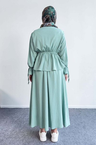 Hatun Atila Shirred and Layered Shirt and Skirt Suit 8025 - Water Green