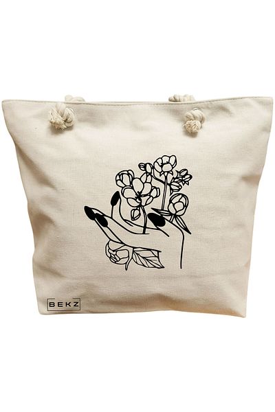 BEKZ Textile Bag With Zipper, Tote Bag, Books And Flowers Model 11 38 X 34.5 Cm, ​​White, ®