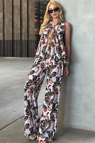 VAGGON Women's Ecru-Black Tie Detail Blouse and Elastic Waist Palazzo Pants Floral Patterned Suit Vs00203