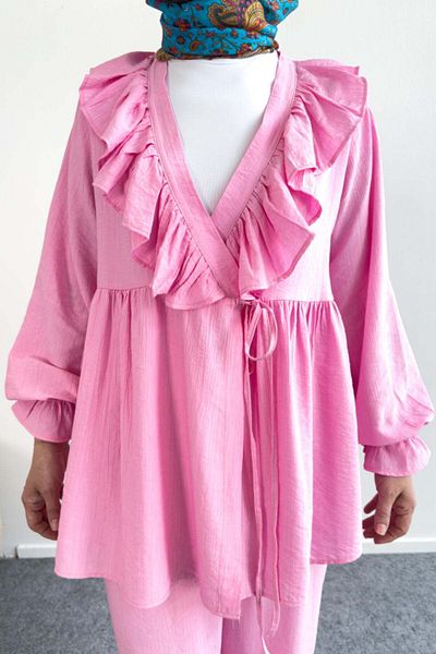Hatun Atila Ruffle Neck Tie-Up Tunic and Wide Leg Pants Set 8845 - Pink
