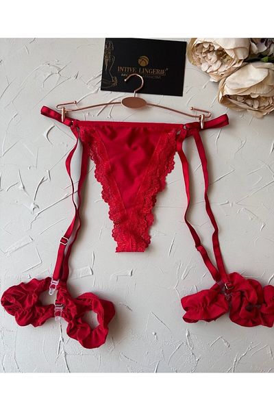 İntive Lingerie Passione Red Ruffle Leg Accessory Fantasy Thong with Garters and Low Back