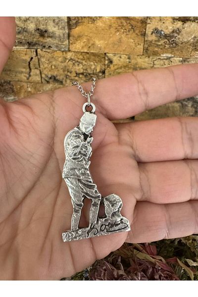 Herşey Nota Ataturk Statue and Signature Figured Necklace – Silver Color Unisex Metal Design with 60 cm Chain