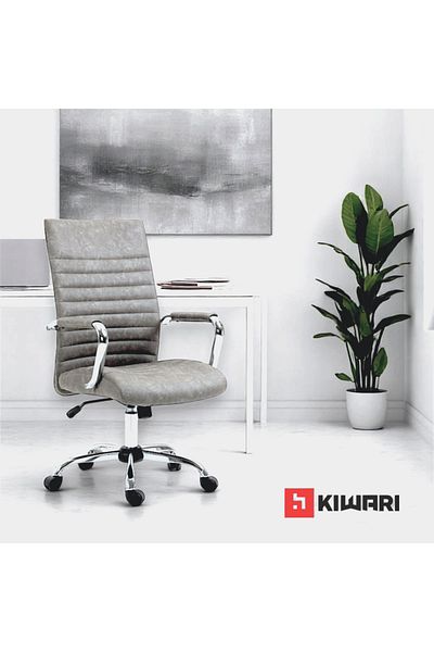 Kiwari ® Rani Office Chair, High Back, Chrome Frame, Fixed Pu Armrests, Butterfly Mechanism, Grey