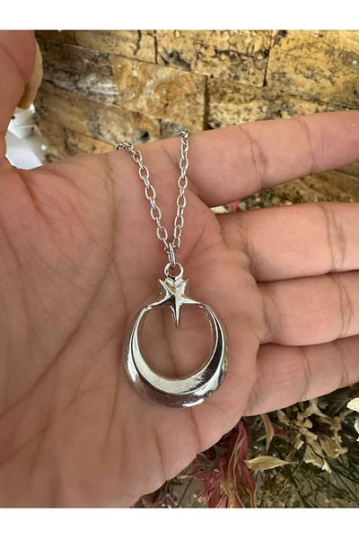 Herşey Nota Men's Necklace with Crescent and Star Figure – Silver Color 60 cm Chain Metal Unisex Design