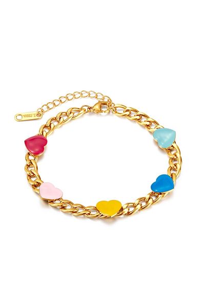 Tessero Bratara de dama Cuban Chain cu charm-uri in forma de inima multicolore, otel inoxidabil, placat cu a
