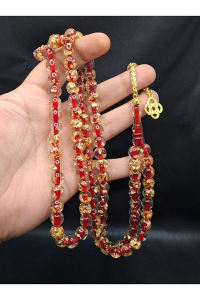 Han Ticarethane Red Color Gold Leafed 99 Airplane Glass Prayer Beads
