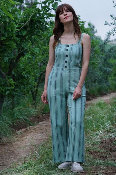 Defne&Apollon İpekçilik Hand-Woven Striped Jumpsuit Linen-Cotton - Water Green