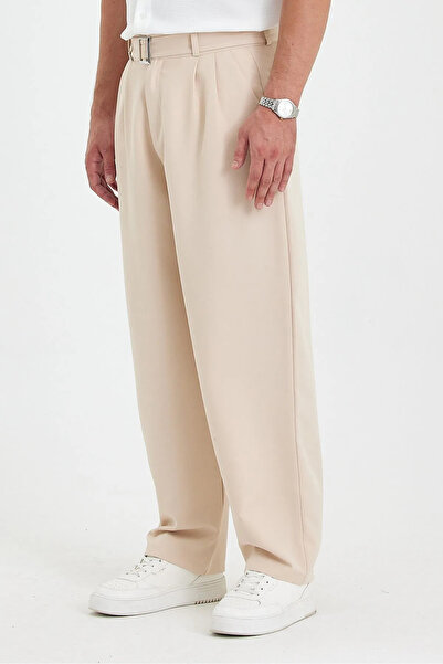 Gray Clothing Yazlık Pileli Baggy Kalıp Cepli Kemerli Tokalı Erkek Kumaş Pantolon Bej