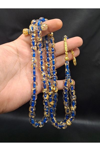 Han Ticarethane Culoarea albastră cu folie de aur 99'lu Avion Glass Tasbih