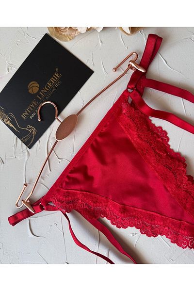İntive Lingerie Passione Red Ruffle Leg Accessory Fantasy Thong with Garters and Low Back